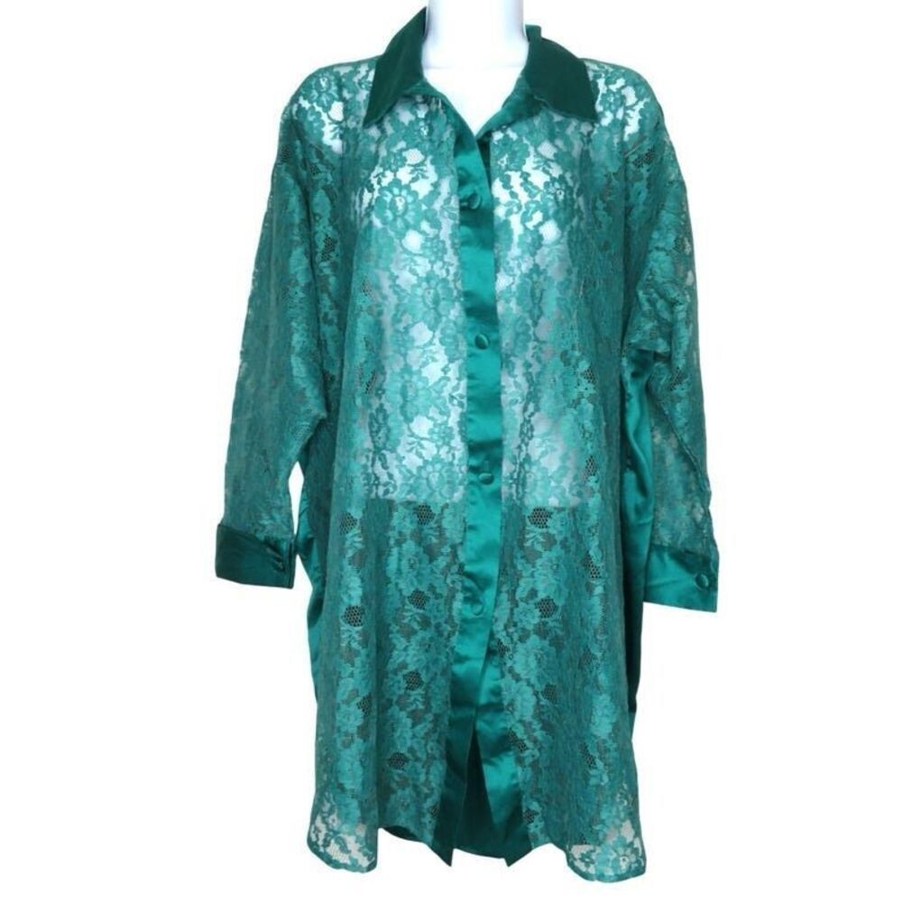 Vintage Victoria's Secret M/L Satin Lace Button Up Nightie Dress Emerald Green